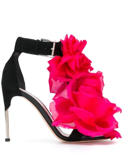 Shop Alexander Mcqueen Rose Apliqué Sandals In Black