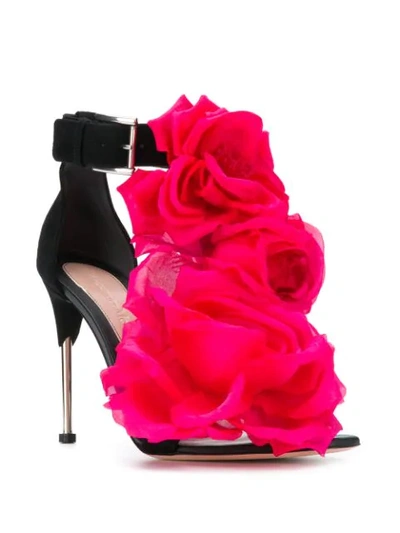 Shop Alexander Mcqueen Rose Apliqué Sandals In Black