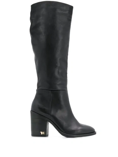 Shop Tommy Hilfiger Logo Hardware Calf High Boots In Black