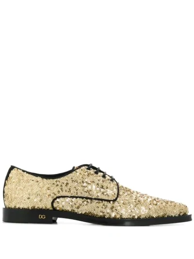 Shop Dolce & Gabbana Sequin-embellished Lace-up Shoes In Gold