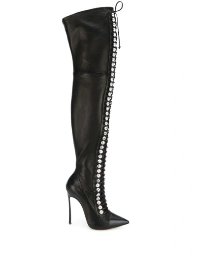 Shop Casadei Thigh Length Lace-up Boots In Black