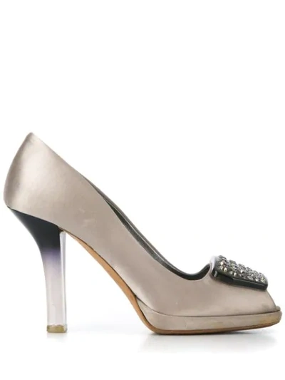 Pre-owned Prada 1990s Crystal Plaque Peep Toe Pumps In Silver