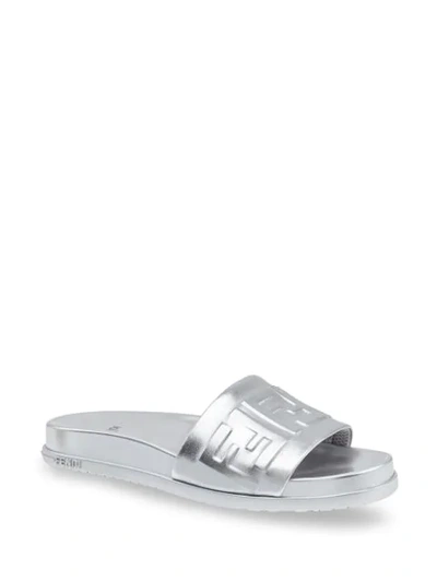 Shop Fendi Metallic Ff Logo Slides In Silver