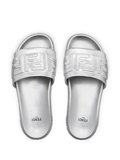 Shop Fendi Metallic Ff Logo Slides In Silver