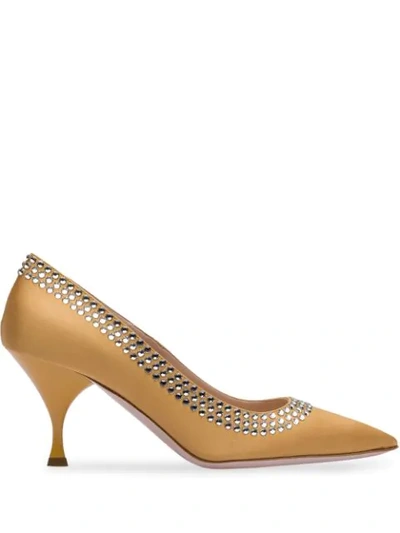 Shop Miu Miu Crystal Embellished Pumps In F0091 Ochre