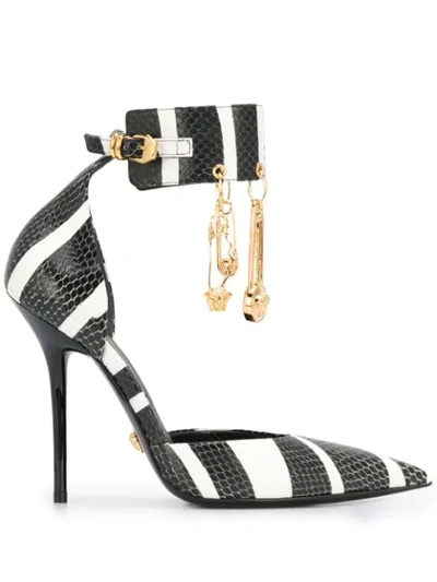 Shop Versace Striped Safety Pin Pumps In Black