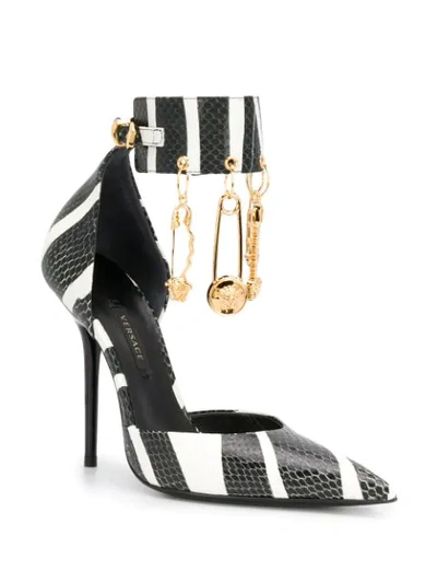 Shop Versace Striped Safety Pin Pumps In Black