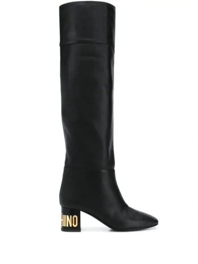 Shop Moschino Logo Plaque Over-the-knee Boots In Black