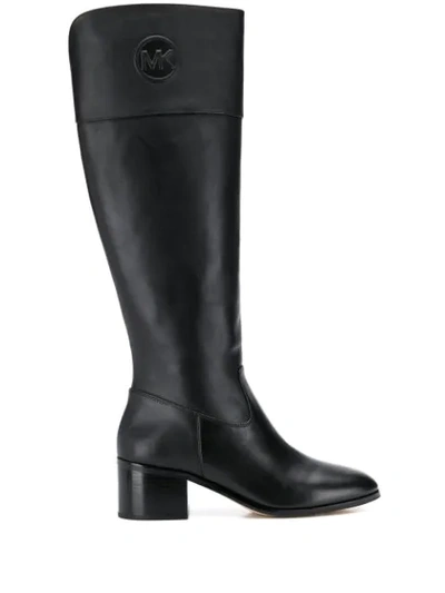 Shop Michael Michael Kors Knee Length Logo Plaque Boots In Black