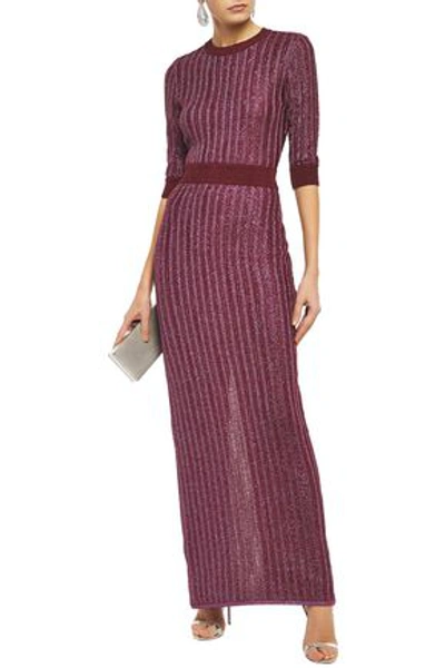 Shop Herve Leger Distressed Metallic Ribbed Crochet-knit Maxi Dress In Plum