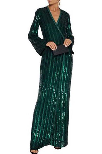 Shop Jenny Packham Embellished Chiffon Wrap Gown In Emerald