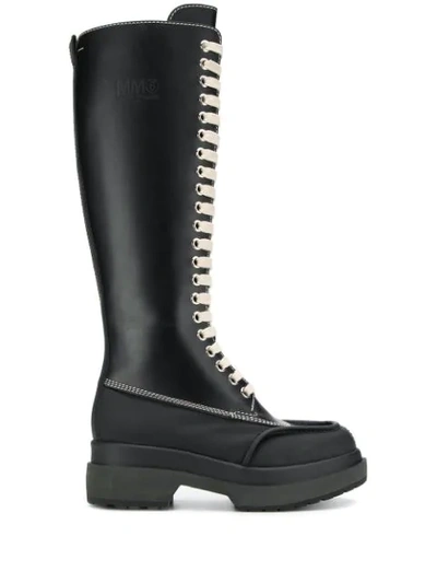Shop Mm6 Maison Margiela Lace-up Knee High Boots In Black