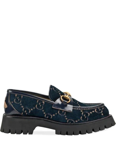 Shop Gucci Gg Velvet Lug Sole Loafers In Blue