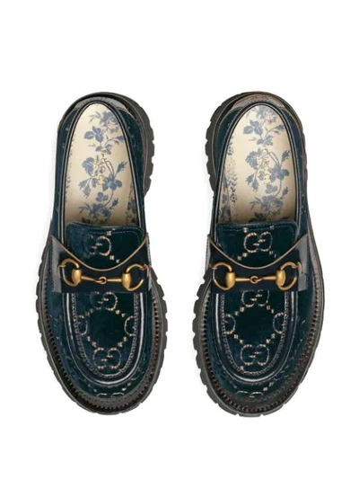 Shop Gucci Gg Velvet Lug Sole Loafers In Blue