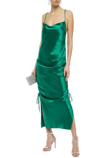 Shop Galvan  London Yasmine Gathered Silk-satin Maxi Slip Dress In Emerald