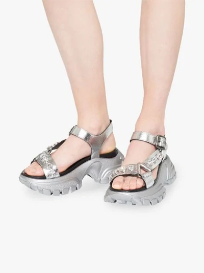 Shop Miu Miu Embellished Leather Sandals In Silver