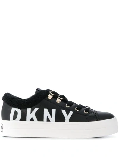 Shop Dkny Faux Shearling Logo Sneakers In Black