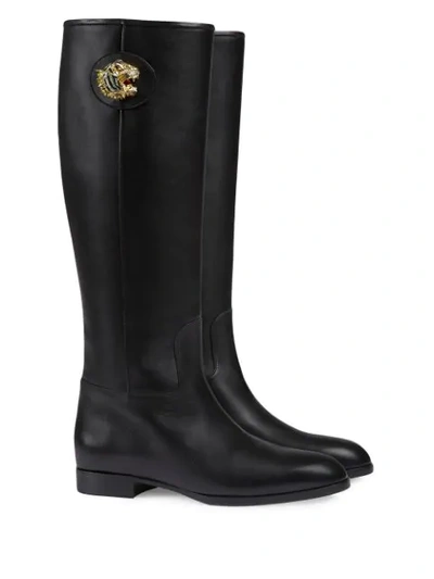 Shop Gucci Tiger Motif Knee-high Boots In Black