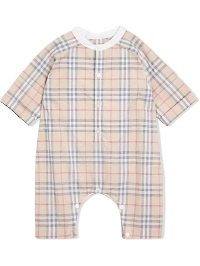 Shop Burberry Check Cotton Playsuit In Neutrals