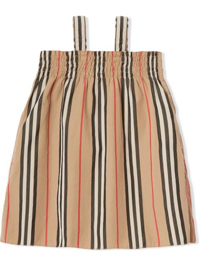 Shop Burberry Smocked Icon Stripe Cotton Dress In Neutrals