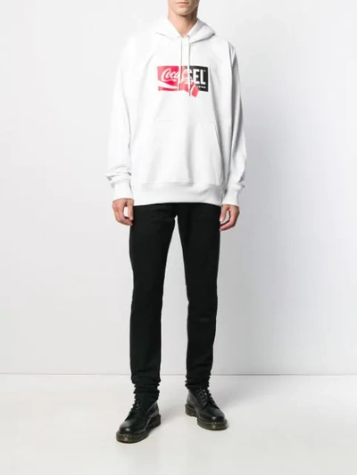 Shop Diesel Recycled Fabric Hoodie With Double Logo Print In White