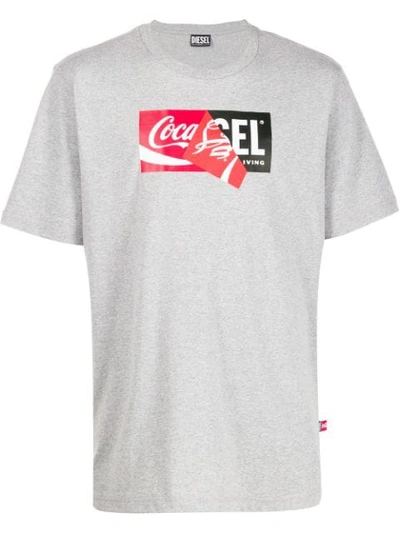 Shop Diesel Recycled Fabric Double Logo T-shirt In Grey