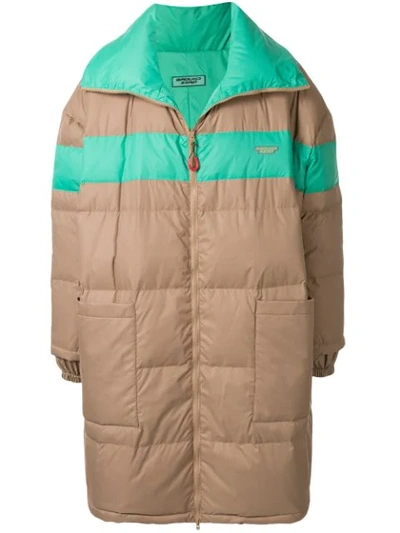 Shop Ground Zero Striped Puffer Mid-length Coat In Brown