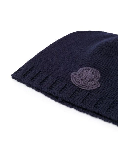 Shop Moncler Logo Patch Beanie In Blue