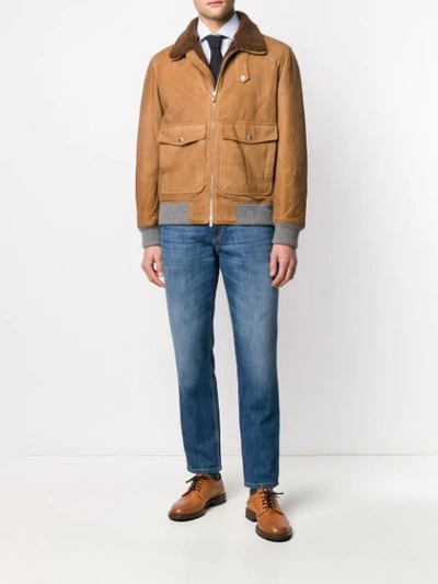Shop Brunello Cucinelli Shearling Collar Bomber Jacket In Cn679 Brown