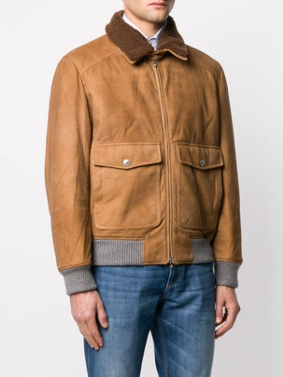 Shop Brunello Cucinelli Shearling Collar Bomber Jacket In Cn679 Brown