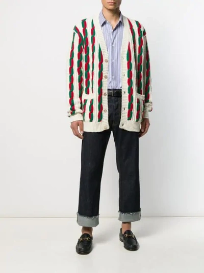 Shop Gucci Web Stripe Cable Knit Cardigan In Neutrals