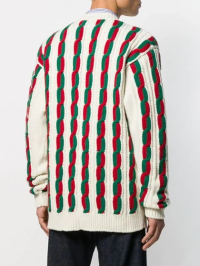 Shop Gucci Web Stripe Cable Knit Cardigan In Neutrals