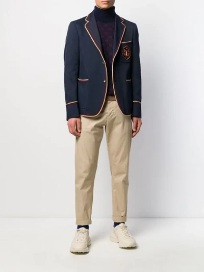 Shop Gucci Embroidered Logo Patch Blazer In Blue