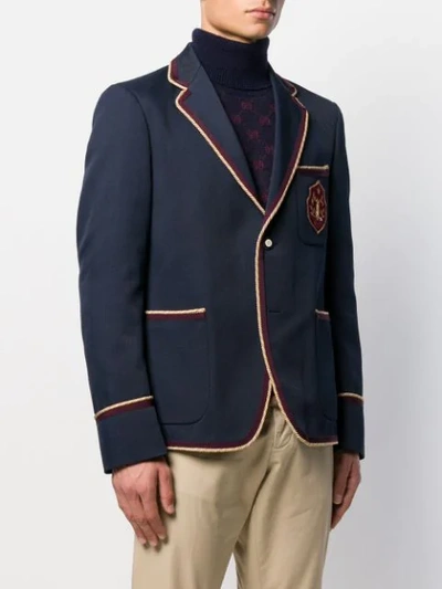 Shop Gucci Embroidered Logo Patch Blazer In Blue