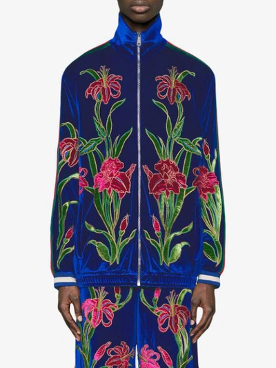 Shop Gucci Oversized Embroidered Chenille Jacket In Blue