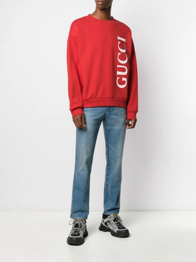 Shop Gucci Logo Print Crew Neck Sweatshirt In Red