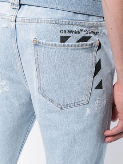 OFF-WHITE 系腰带撕裂效果牛仔裤 - 蓝色