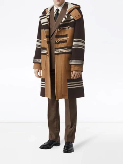 Shop Burberry Hooded Striped Duffle Coat In Brown