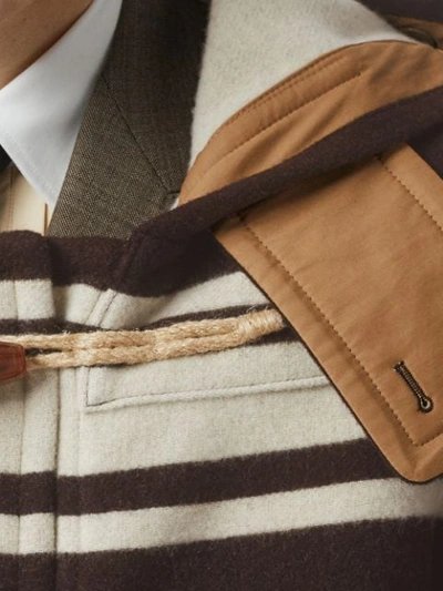 Shop Burberry Hooded Striped Duffle Coat In Brown