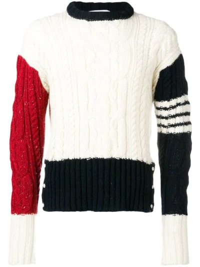 Shop Thom Browne Colour Block Cable Knit Jumper In White