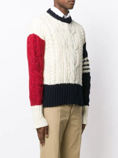 Shop Thom Browne Colour Block Cable Knit Jumper In White