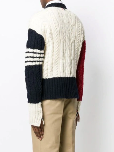 Shop Thom Browne Colour Block Cable Knit Jumper In White