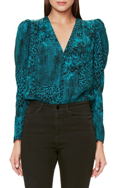 Shop Afrm Rexy Button Front Bodysuit In Teal Animal