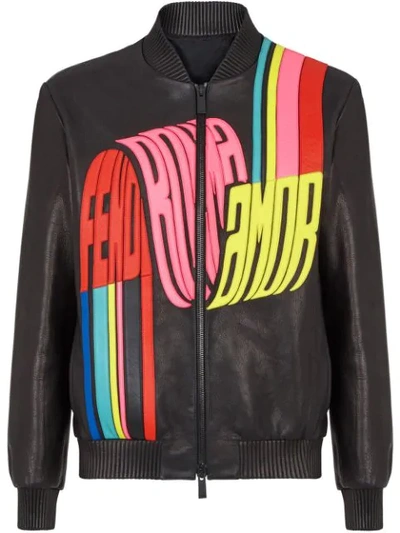 Shop Fendi Wave Logo Bomber Jacket In F0qa1-black