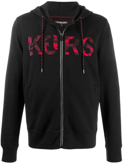 Shop Michael Kors Logo Embroidered Zipped Hoodie In Black