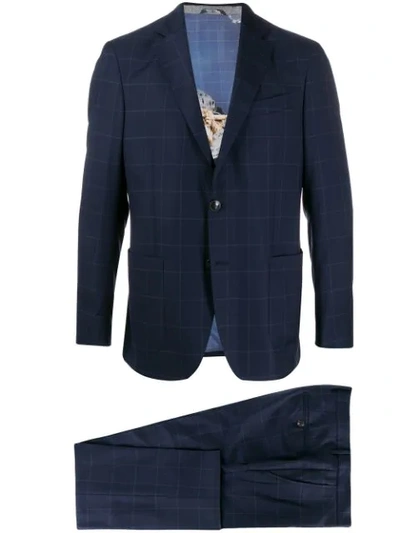 Shop Etro Check Print Fitted Suit In Blue