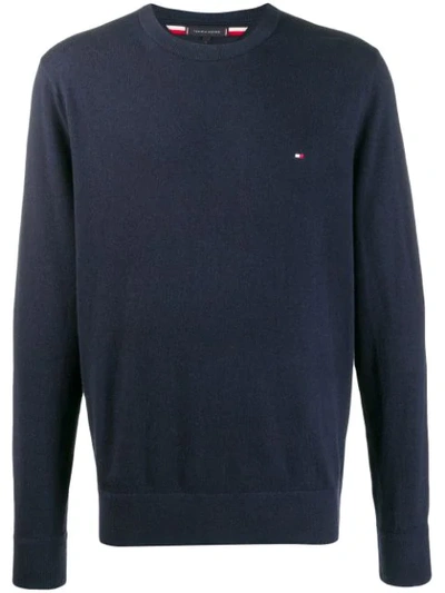 Shop Tommy Hilfiger Embroidered Logo Crew Neck Sweater In Blue
