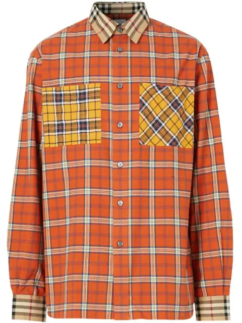 Burberry Contrast Check Cotton Flannel Oversized Shirt In Orange | ModeSens