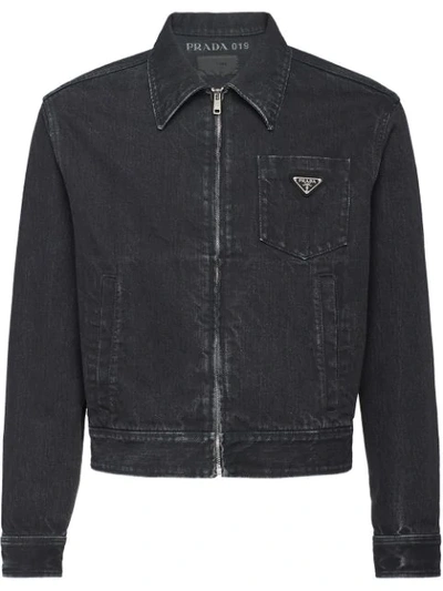 Shop Prada Washed Denim Jacket In Black