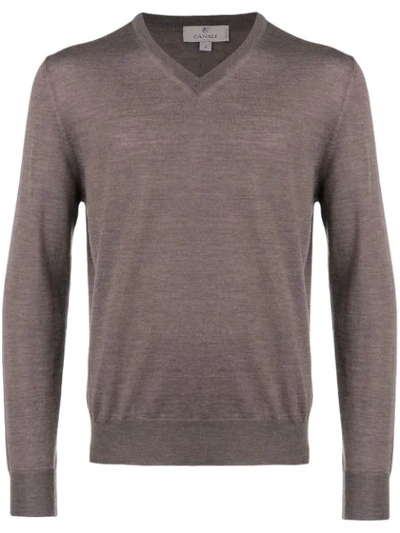 Shop Canali Fine Knit V-neck Sweater In Brown